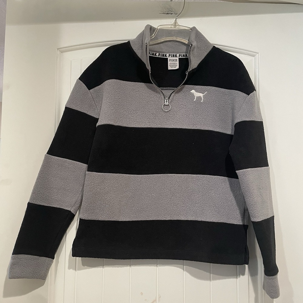 Pink Victoria's Secret Quarter Zip Fleece Jacket Womens Size XS Black Gray